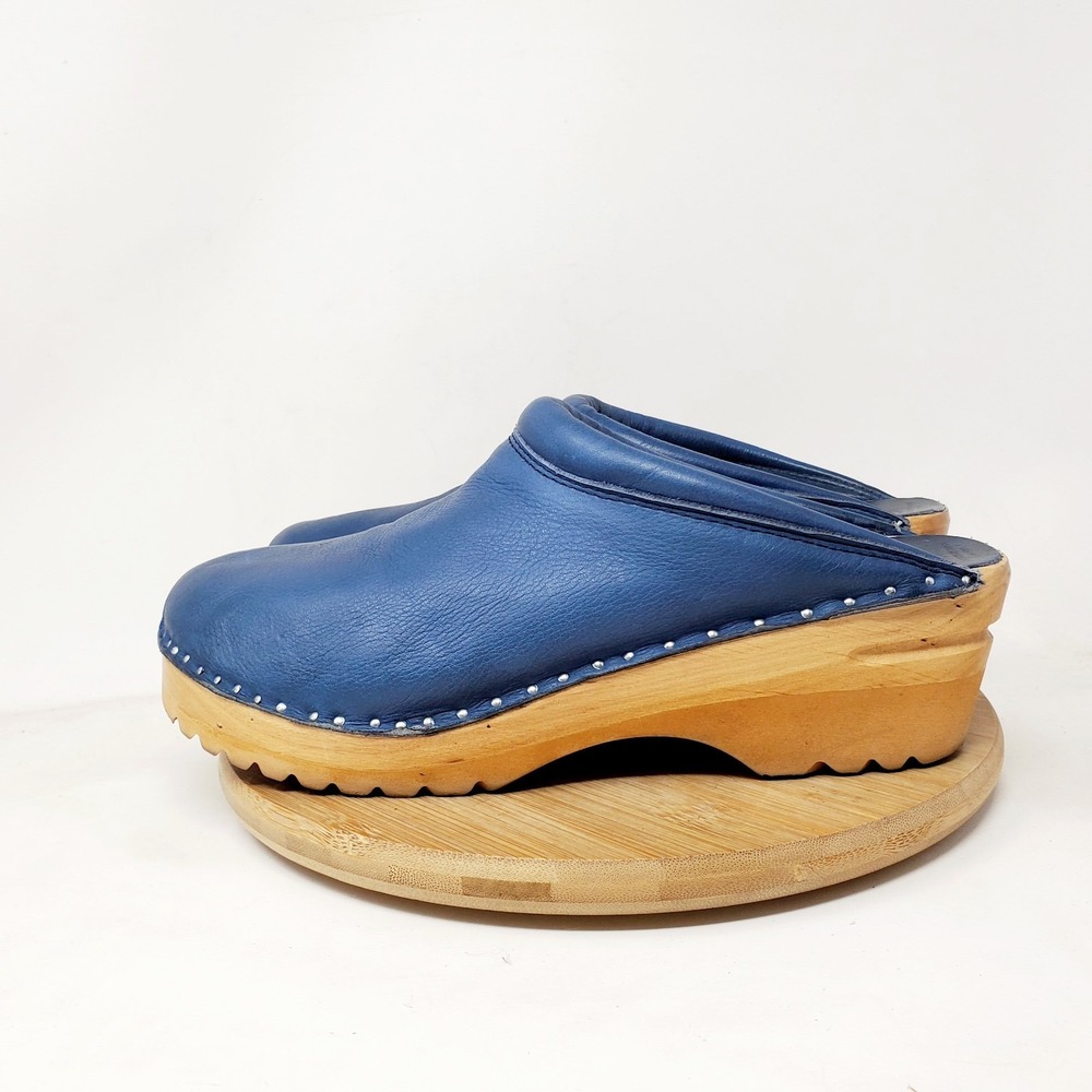 Troentorp Rembrandt Clogs Womens 39 Blue Leather Mule Slip On Wood Shoes